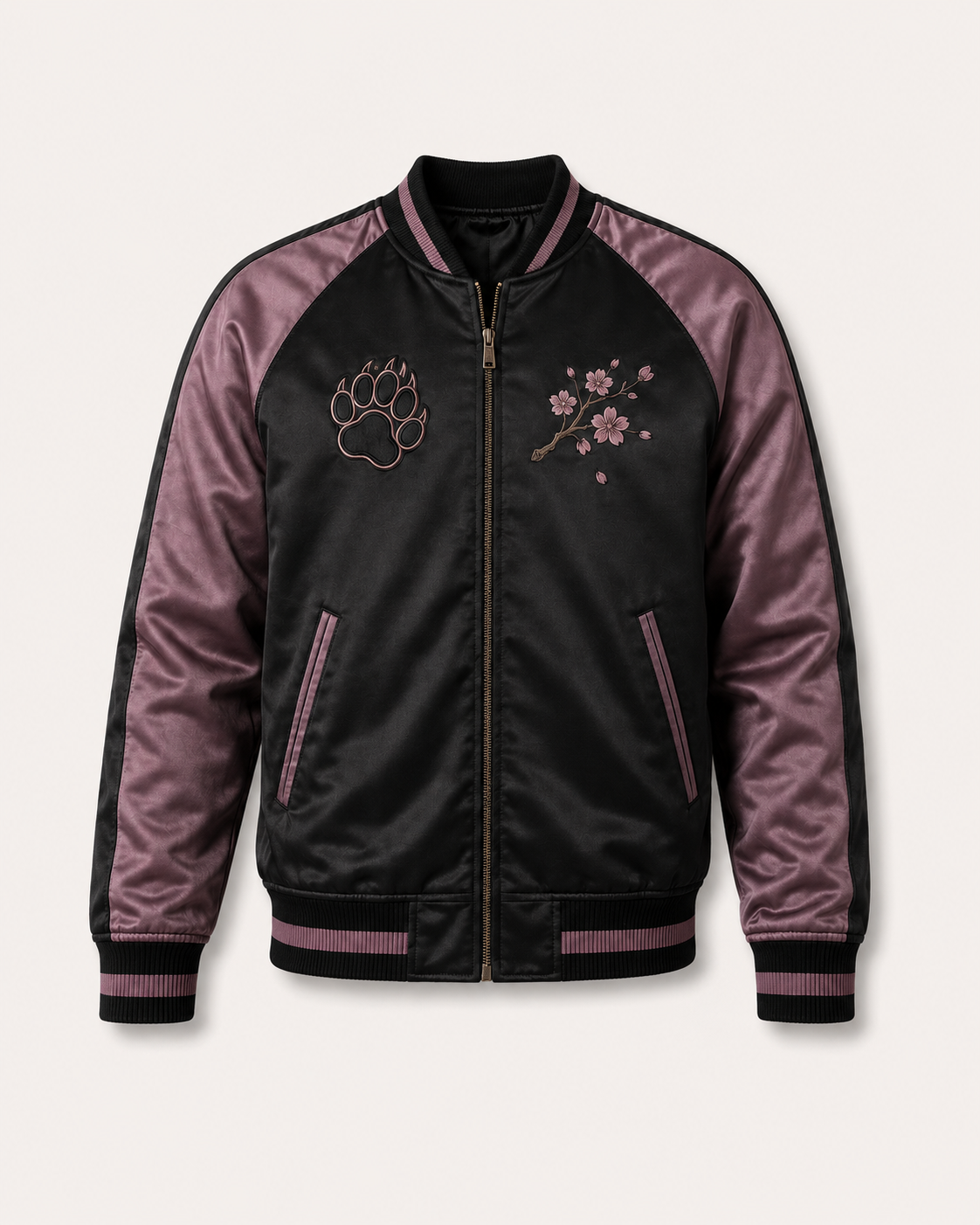 Sakura Panther Night Sukajan Jacket by Sukaizen in black with mauve purple sleeves and black panther sakura embroidery