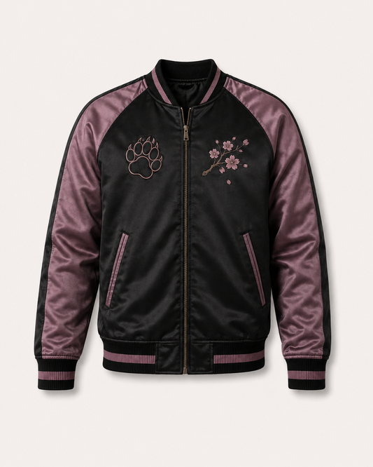 Sakura Panther Night Sukajan Jacket by Sukaizen in black with mauve purple sleeves and black panther sakura embroidery