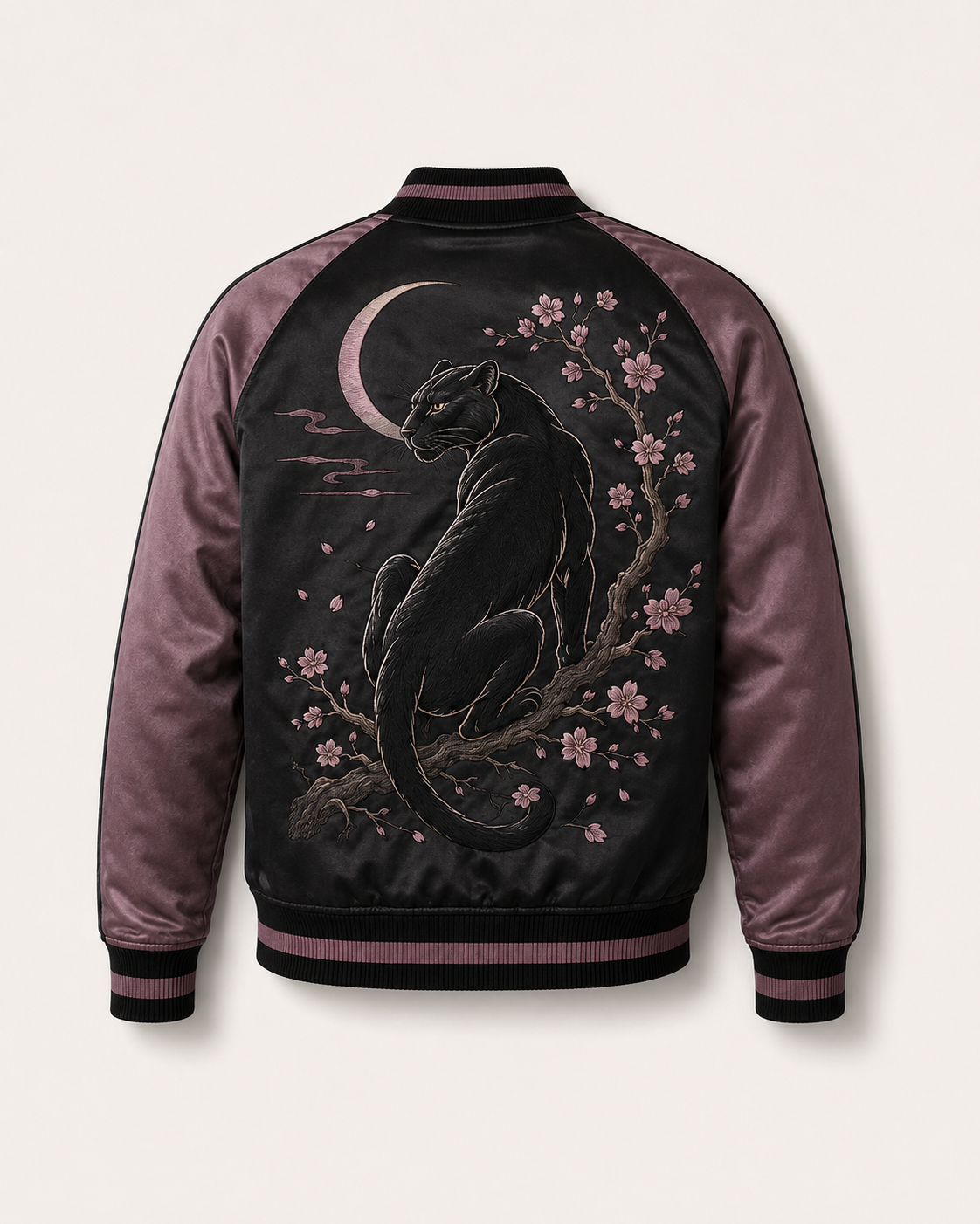 Sakura Panther Night Sukajan Jacket by Sukaizen in black with mauve purple sleeves and black panther sakura embroidery