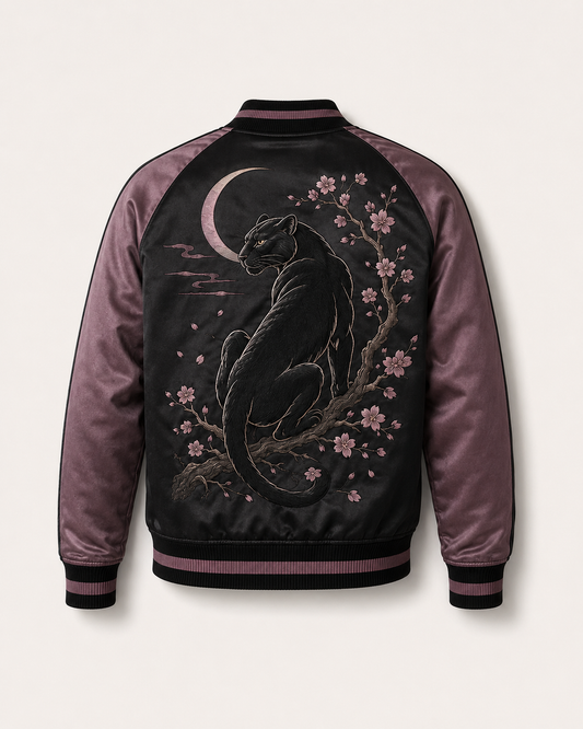Sakura Panther Night Sukajan Jacket by Sukaizen in black with mauve purple sleeves and black panther sakura embroidery