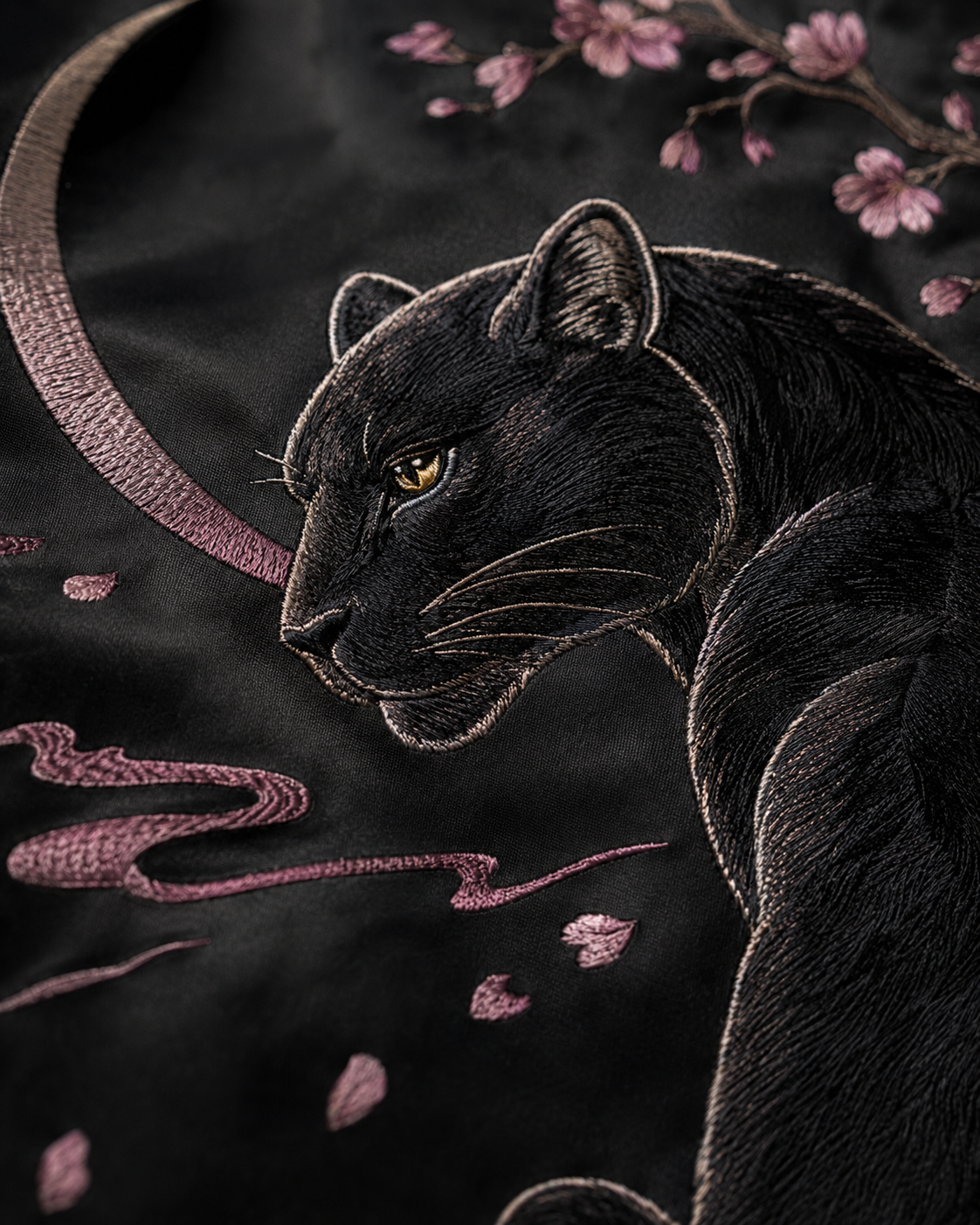 Sakura Panther Night Sukajan Jacket by Sukaizen in black with mauve purple sleeves and black panther sakura embroidery