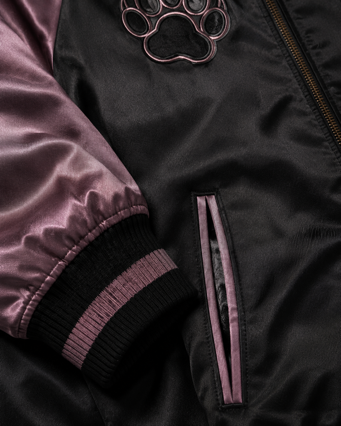 Sakura Panther Night Sukajan Jacket by Sukaizen in black with mauve purple sleeves and black panther sakura embroidery