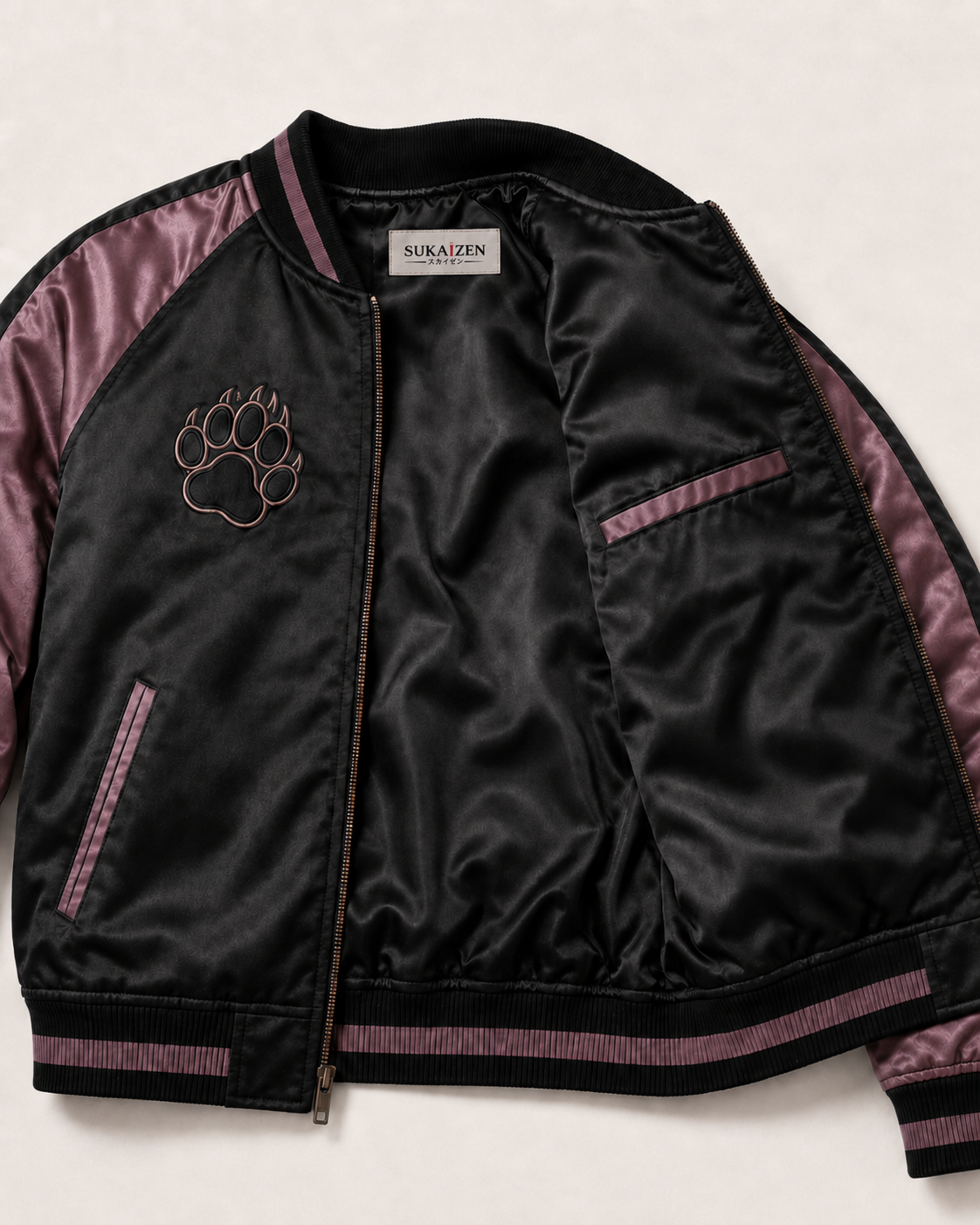 Sakura Panther Night Sukajan Jacket by Sukaizen in black with mauve purple sleeves and black panther sakura embroidery