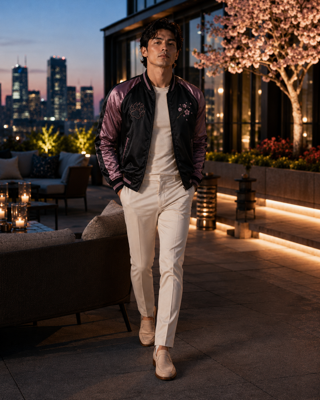 Sakura Panther Night Sukajan Jacket by Sukaizen in black with mauve purple sleeves and black panther sakura embroidery