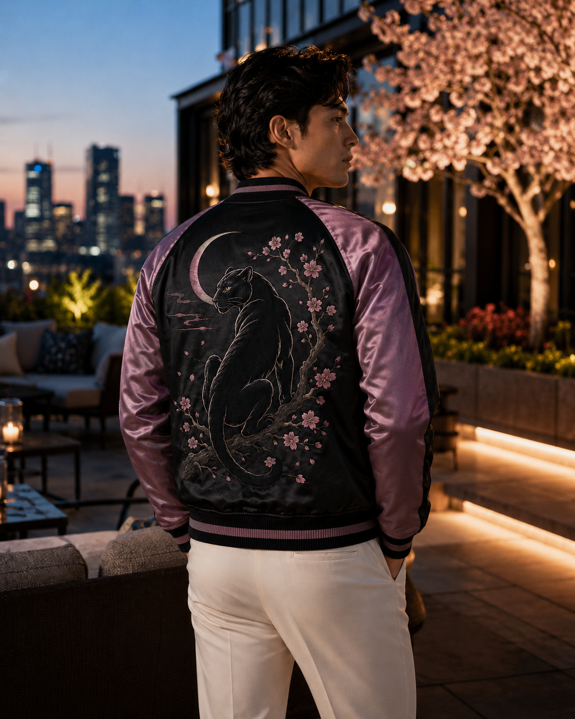 Sakura Panther Night Sukajan Jacket by Sukaizen in black with mauve purple sleeves and black panther sakura embroidery
