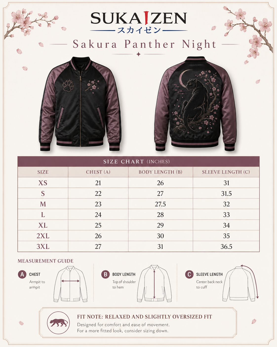 Sakura Panther Night Sukajan Jacket by Sukaizen in black with mauve purple sleeves and black panther sakura embroidery