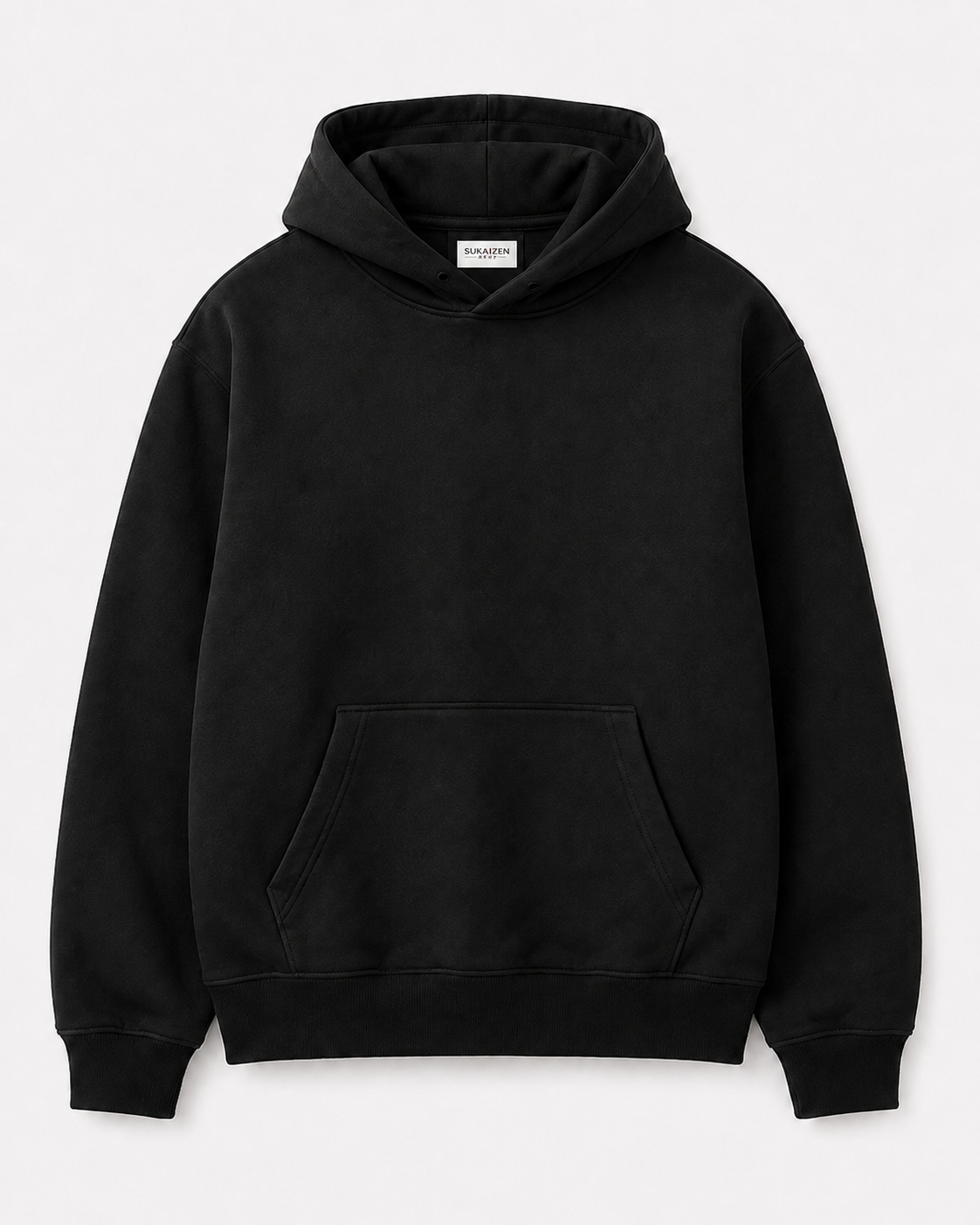 Crimson Moon Dragon Hoodie by Sukaizen in washed black with dragon, crimson moon, and cloud embroidery