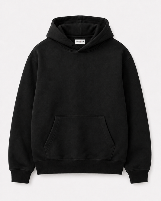 Crimson Moon Dragon Hoodie by Sukaizen in washed black with dragon, crimson moon, and cloud embroidery