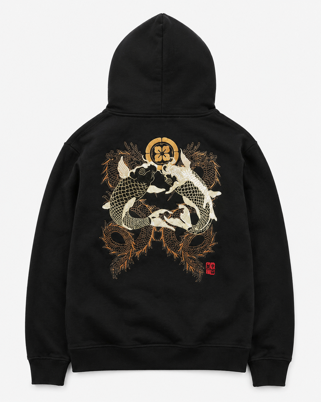 Crimson Moon Dragon Hoodie by Sukaizen in washed black with dragon, crimson moon, and cloud embroidery