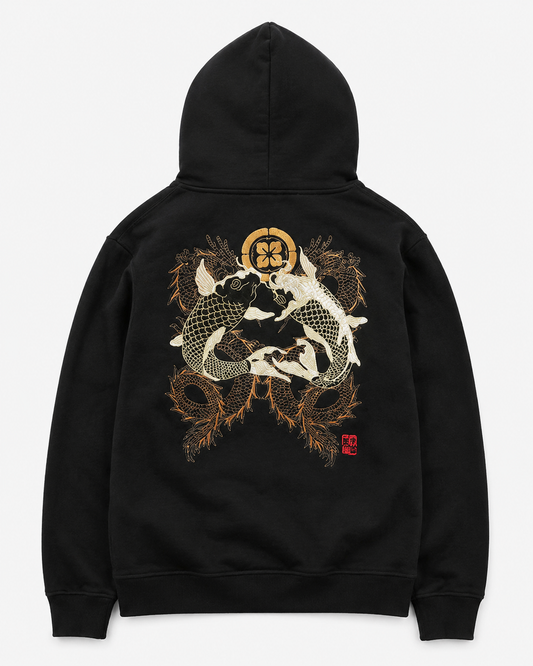 Crimson Moon Dragon Hoodie by Sukaizen in washed black with dragon, crimson moon, and cloud embroidery