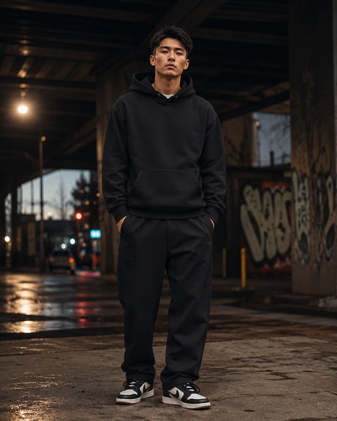 Crimson Moon Dragon Hoodie by Sukaizen in washed black with dragon, crimson moon, and cloud embroidery