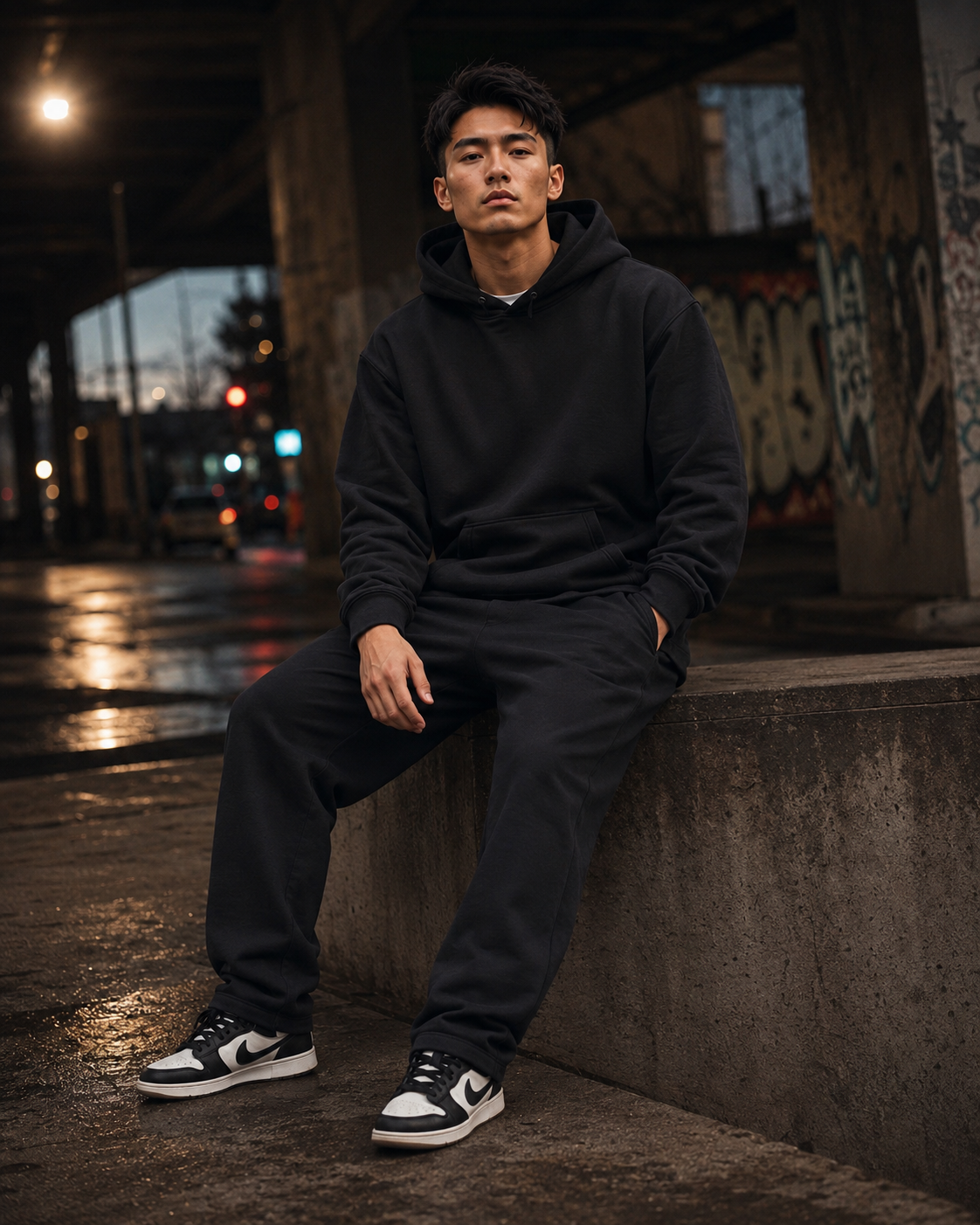 Crimson Moon Dragon Hoodie by Sukaizen in washed black with dragon, crimson moon, and cloud embroidery
