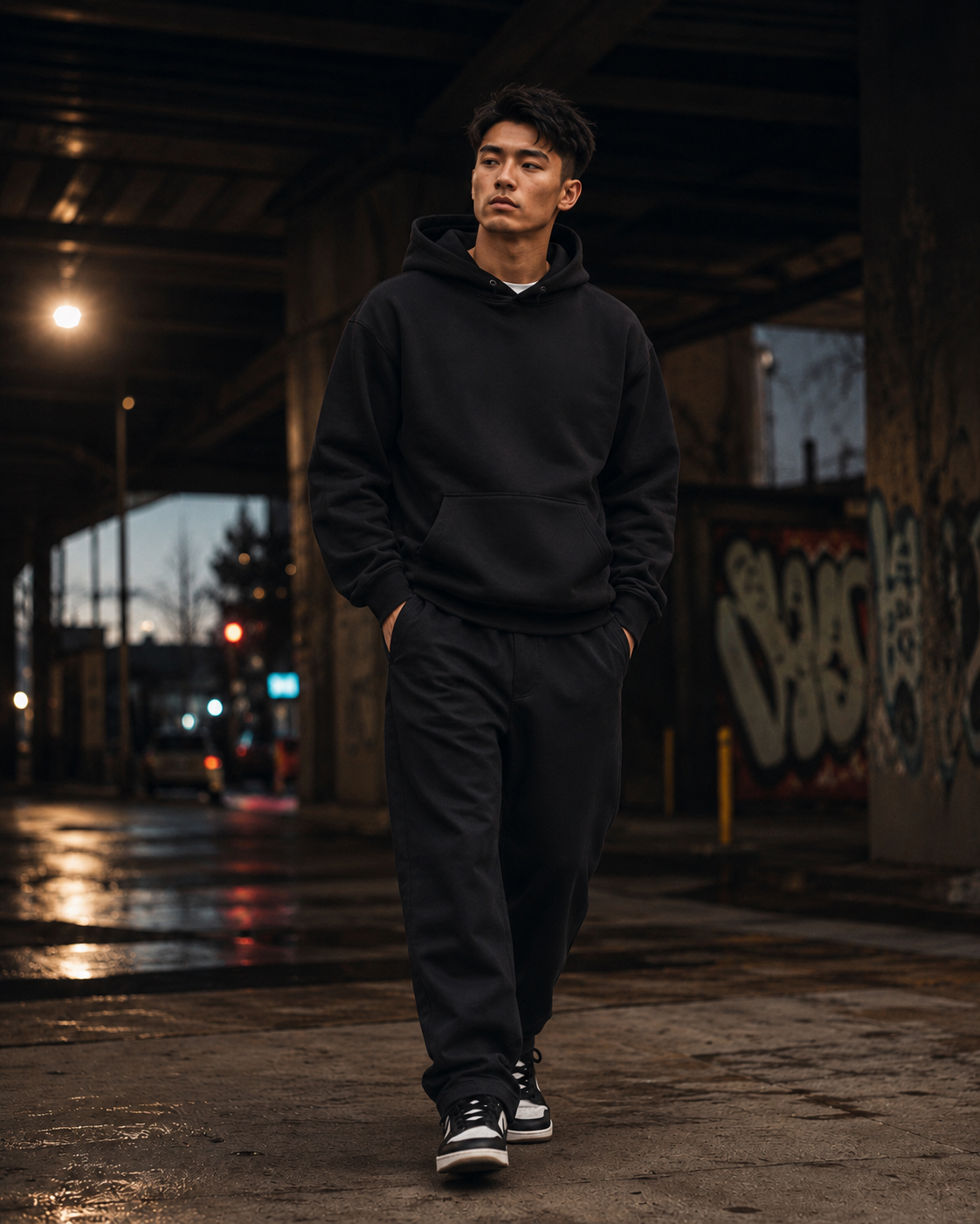Crimson Moon Dragon Hoodie by Sukaizen in washed black with dragon, crimson moon, and cloud embroidery