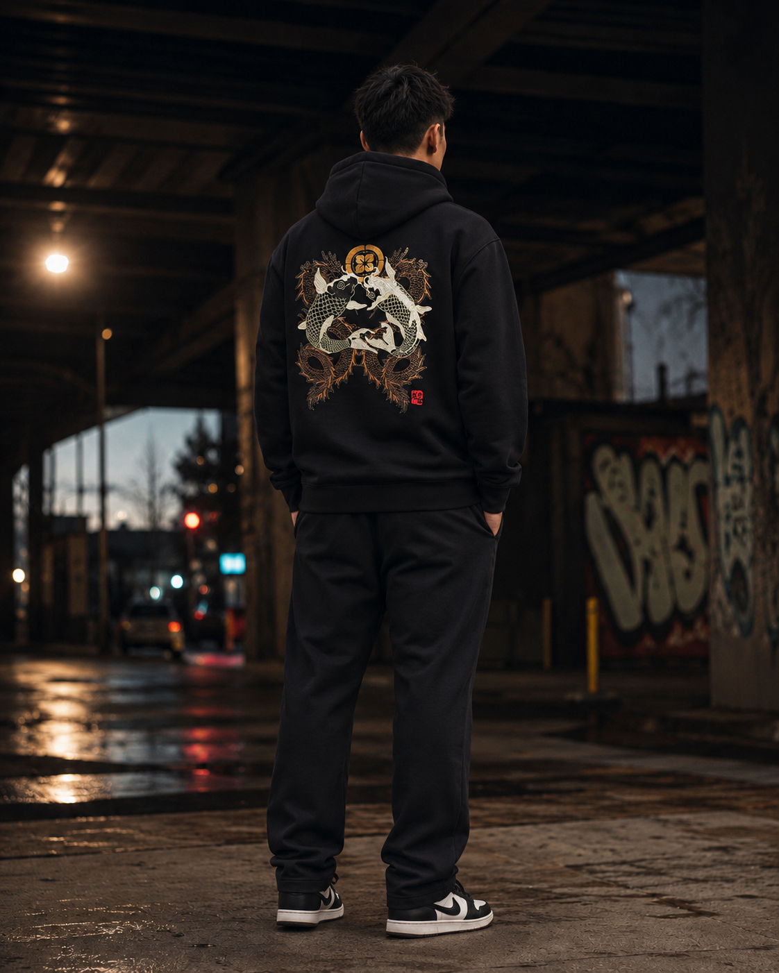 Crimson Moon Dragon Hoodie by Sukaizen in washed black with dragon, crimson moon, and cloud embroidery
