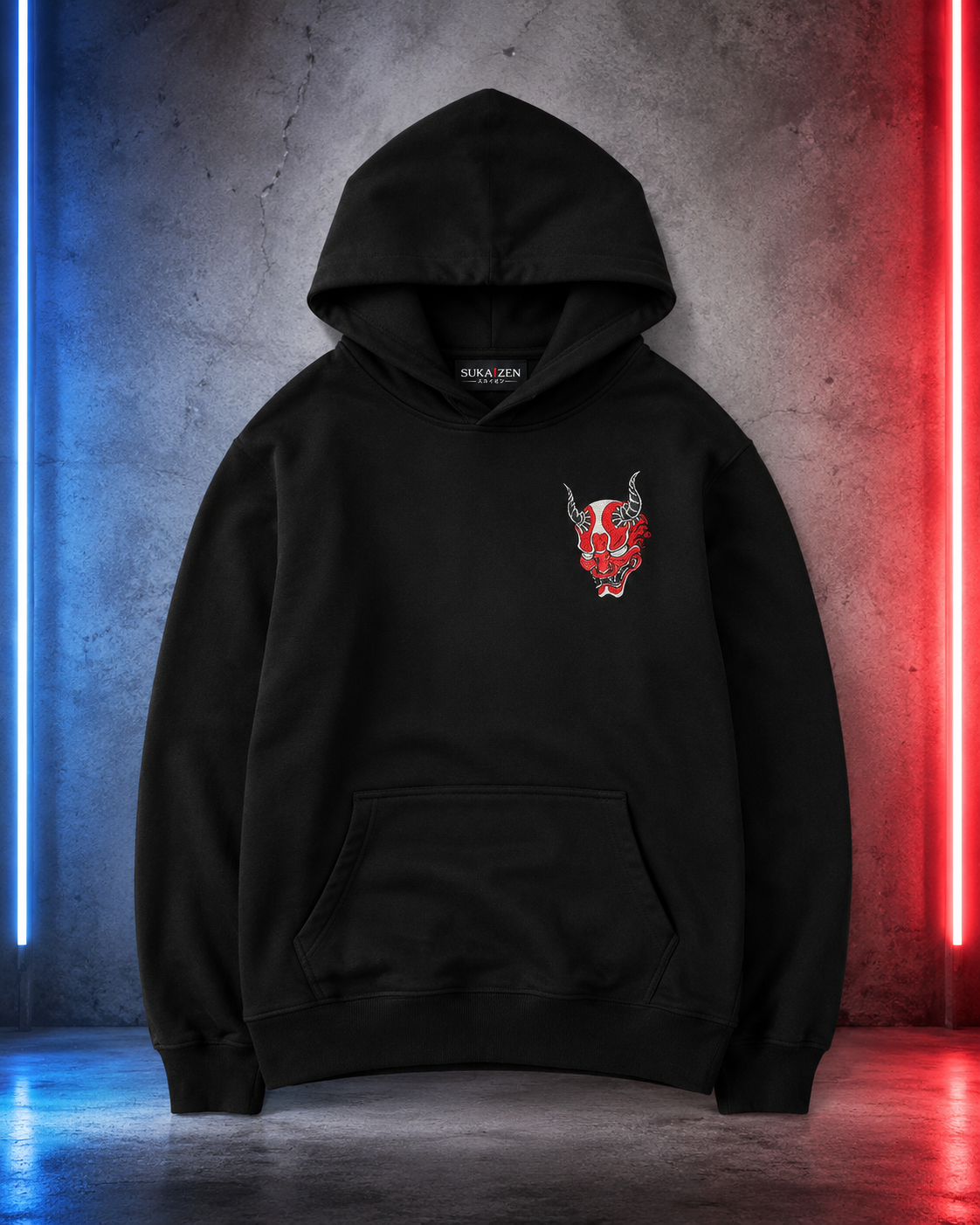 Oni Wave Shadow Hoodie by Sukaizen in black with red oni mask, Japanese wave, cloud, and symbol artwork