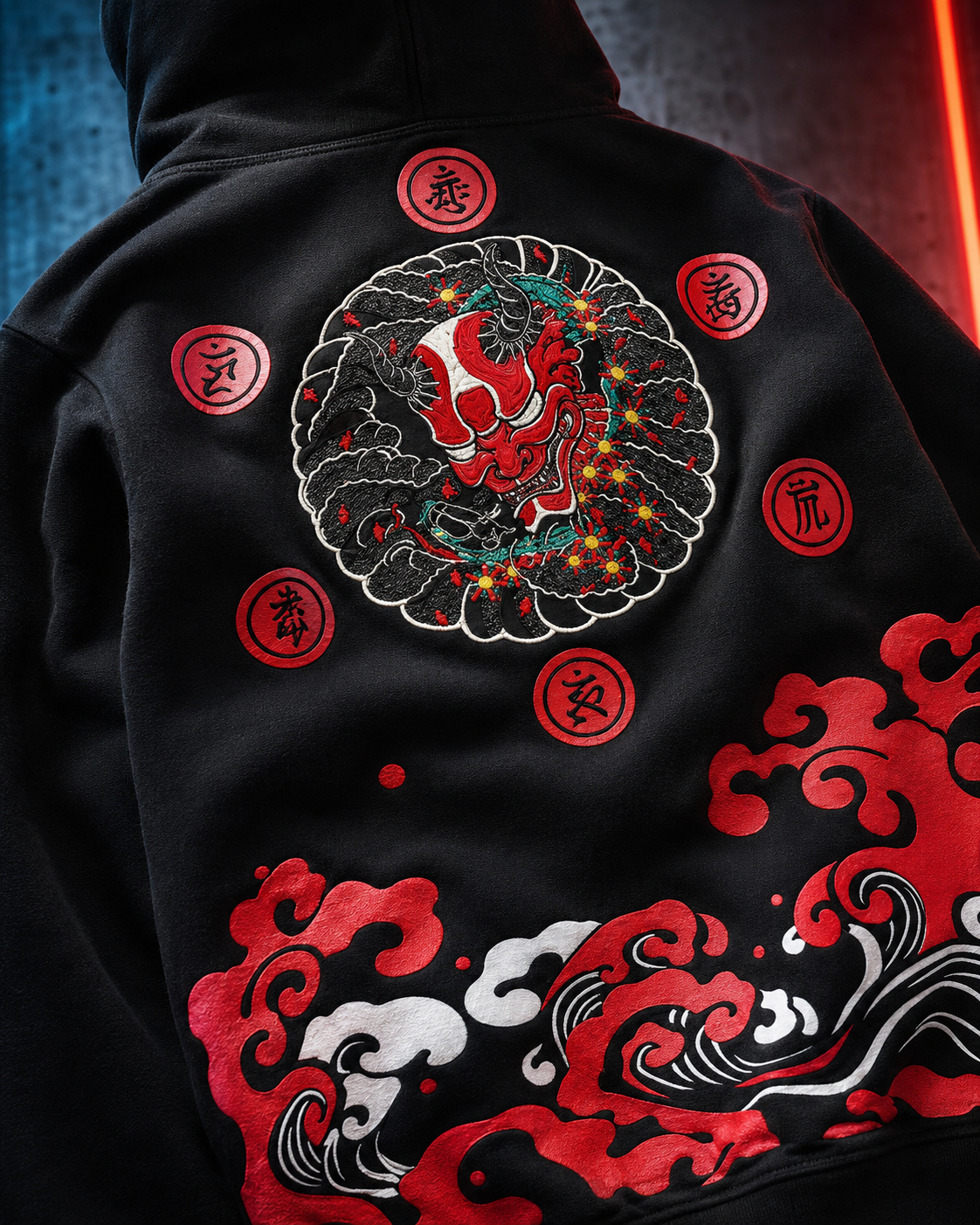 Oni Wave Shadow Hoodie by Sukaizen in black with red oni mask, Japanese wave, cloud, and symbol artwork