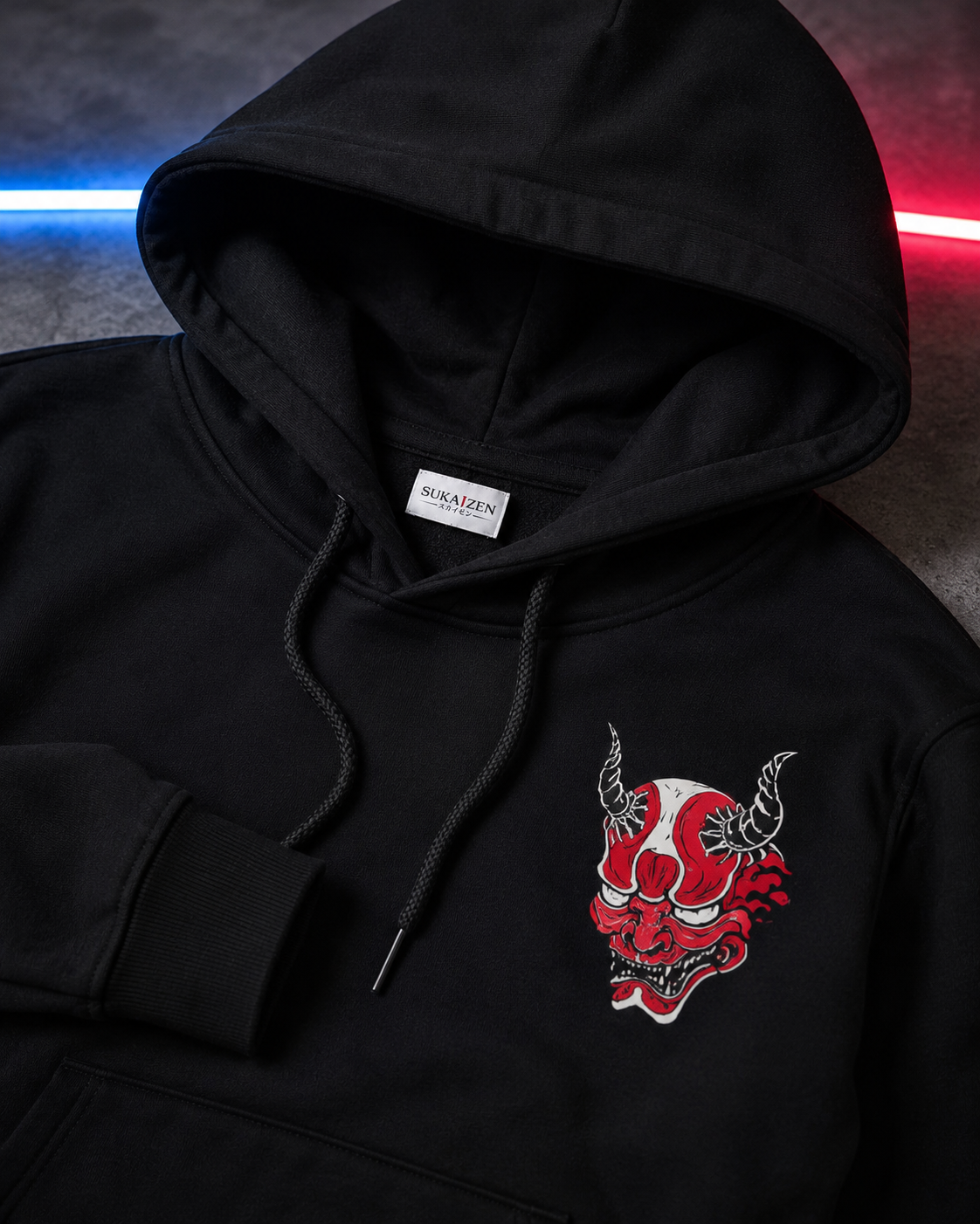 Oni Wave Shadow Hoodie by Sukaizen in black with red oni mask, Japanese wave, cloud, and symbol artwork