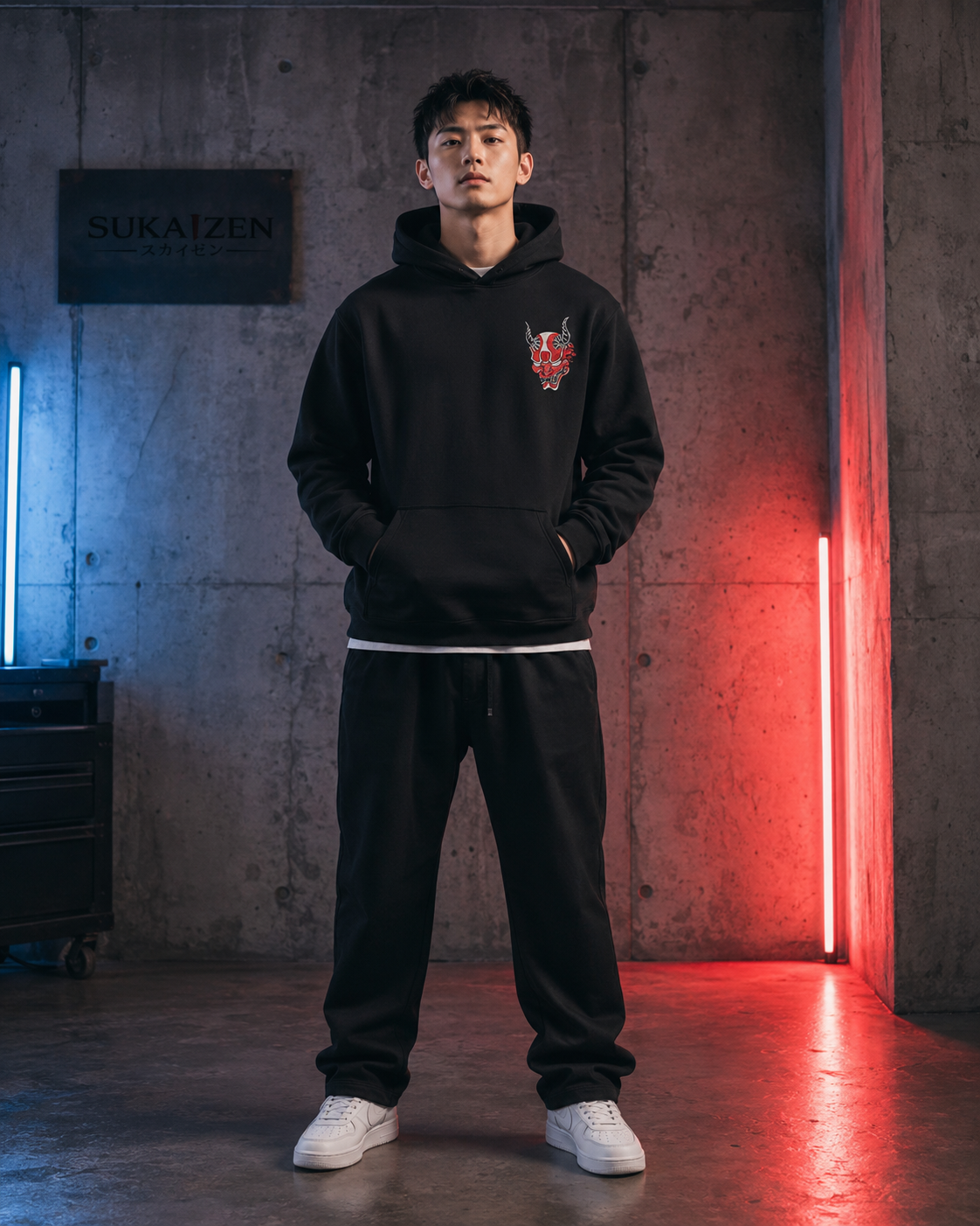 Oni Wave Shadow Hoodie by Sukaizen in black with red oni mask, Japanese wave, cloud, and symbol artwork