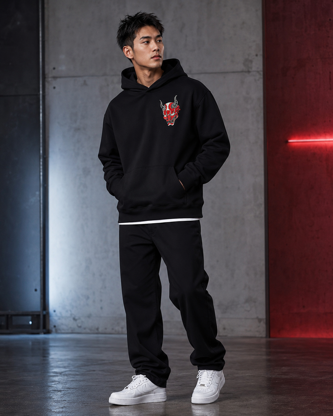 Oni Wave Shadow Hoodie by Sukaizen in black with red oni mask, Japanese wave, cloud, and symbol artwork