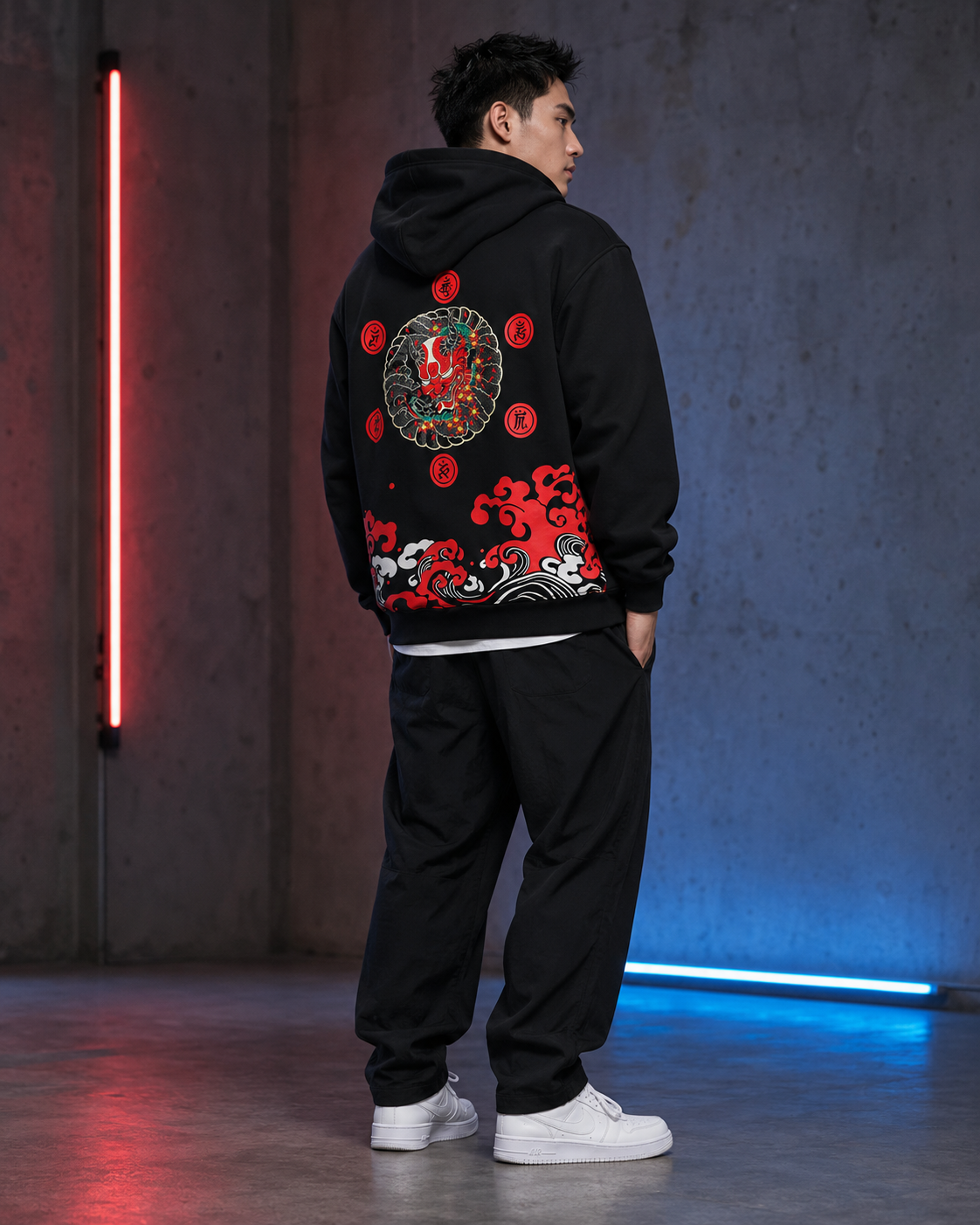 Oni Wave Shadow Hoodie by Sukaizen in black with red oni mask, Japanese wave, cloud, and symbol artwork