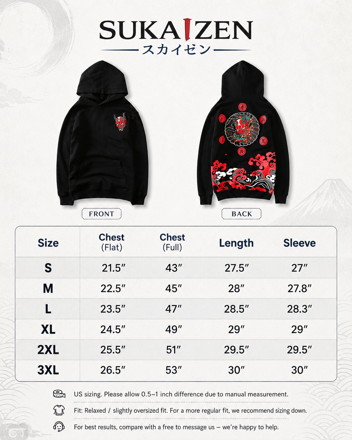 Oni Wave Shadow Hoodie by Sukaizen in black with red oni mask, Japanese wave, cloud, and symbol artwork