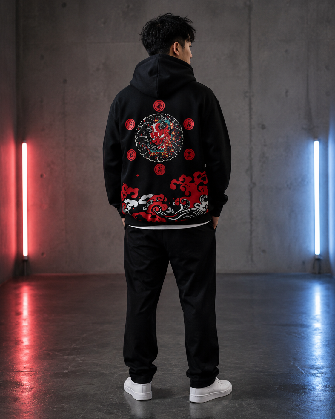 Oni Wave Shadow Hoodie by Sukaizen in black with red oni mask, Japanese wave, cloud, and symbol artwork