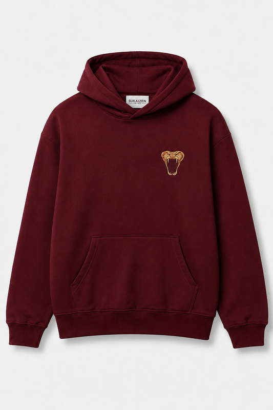 Emerald Serpent Coil Hoodie by Sukaizen in burgundy red with snake fang chest embroidery and large serpent back design