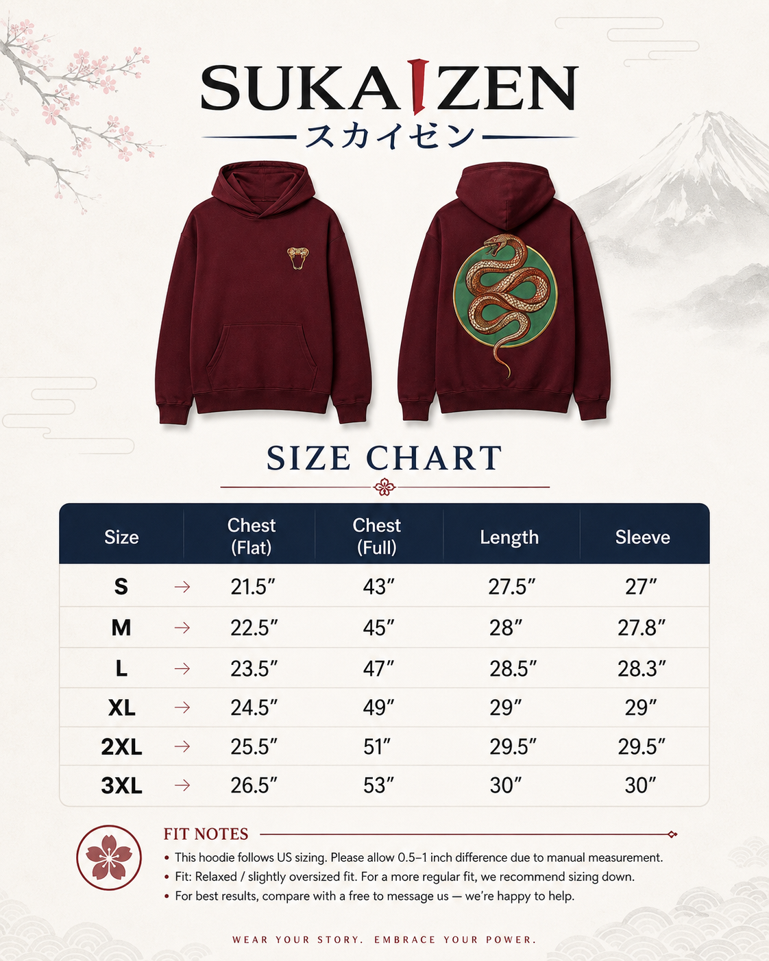 Emerald Serpent Coil Hoodie by Sukaizen in burgundy red with snake fang chest embroidery and large serpent back design