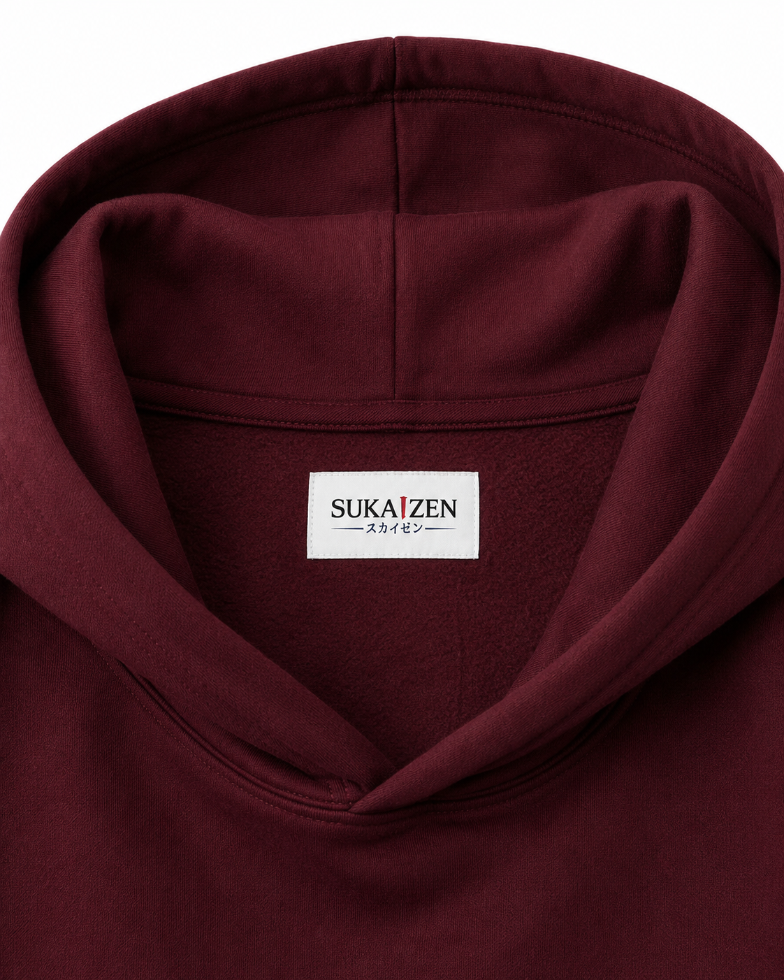 Emerald Serpent Coil Hoodie by Sukaizen in burgundy red with snake fang chest embroidery and large serpent back design
