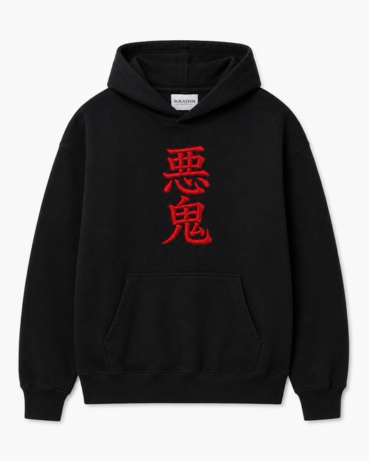 Azure Oni Kanji Hoodie by Sukaizen in black with red kanji front embroidery and large teal oni mask back design