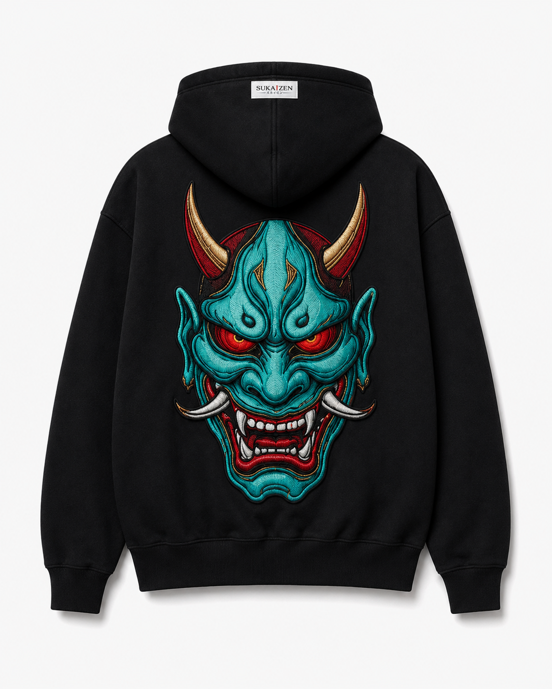 Azure Oni Kanji Hoodie by Sukaizen in black with red kanji front embroidery and large teal oni mask back design