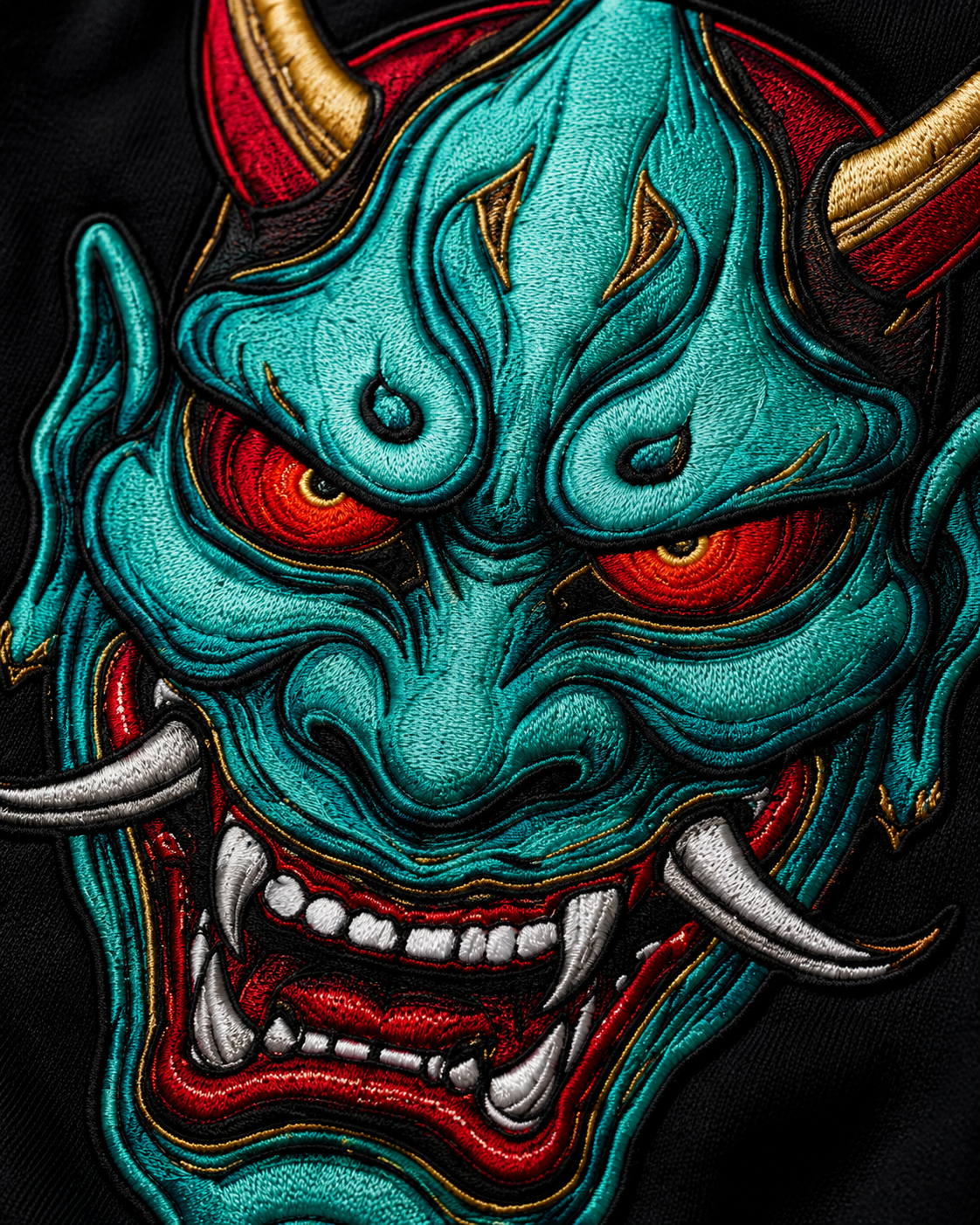 Azure Oni Kanji Hoodie by Sukaizen in black with red kanji front embroidery and large teal oni mask back design