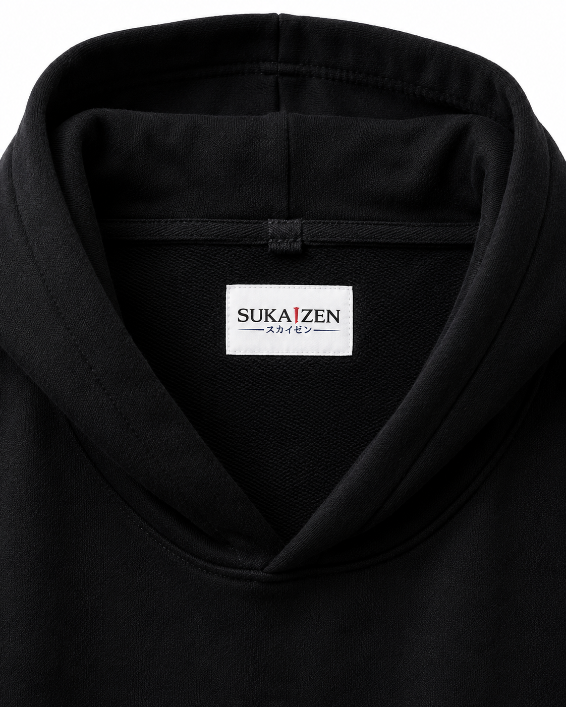 Azure Oni Kanji Hoodie by Sukaizen in black with red kanji front embroidery and large teal oni mask back design