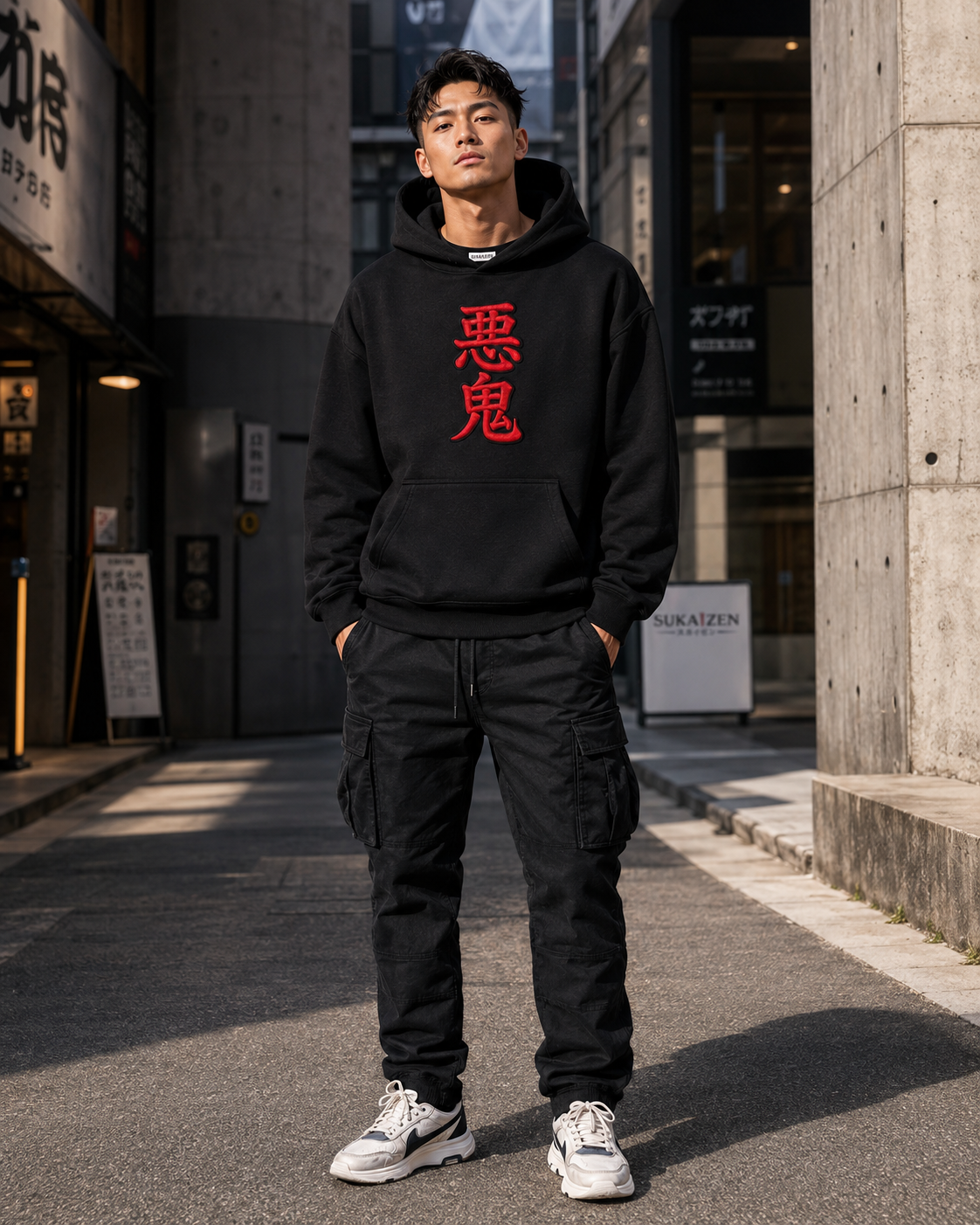Azure Oni Kanji Hoodie by Sukaizen in black with red kanji front embroidery and large teal oni mask back design