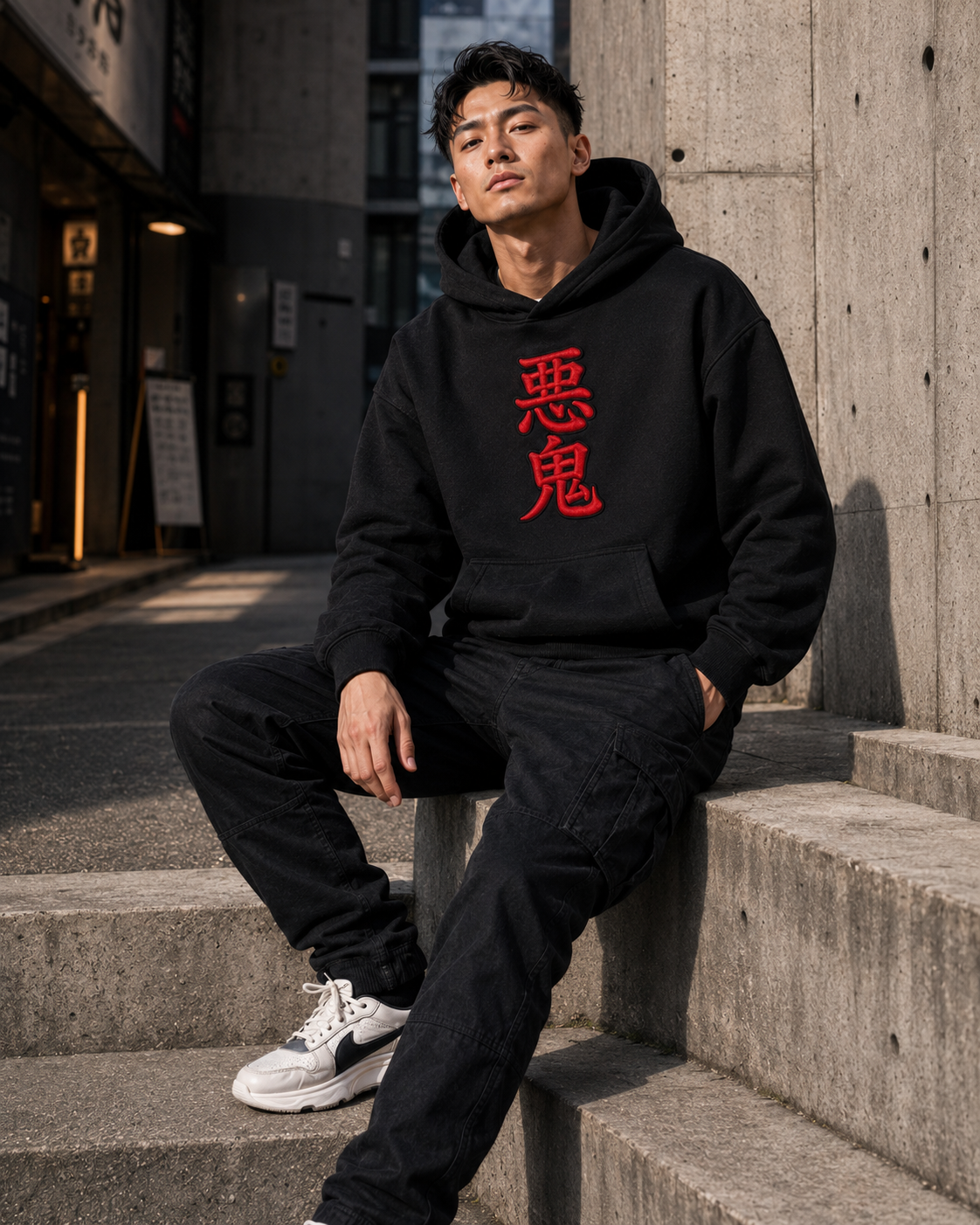 Azure Oni Kanji Hoodie by Sukaizen in black with red kanji front embroidery and large teal oni mask back design