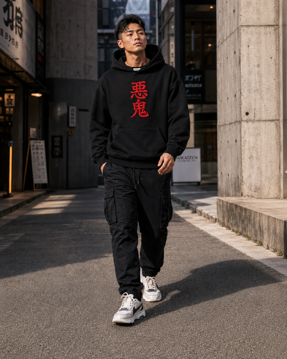Azure Oni Kanji Hoodie by Sukaizen in black with red kanji front embroidery and large teal oni mask back design