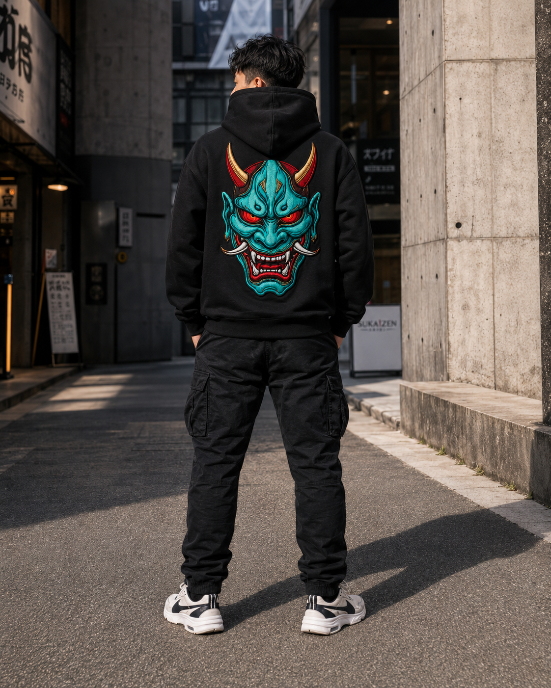 Azure Oni Kanji Hoodie by Sukaizen in black with red kanji front embroidery and large teal oni mask back design