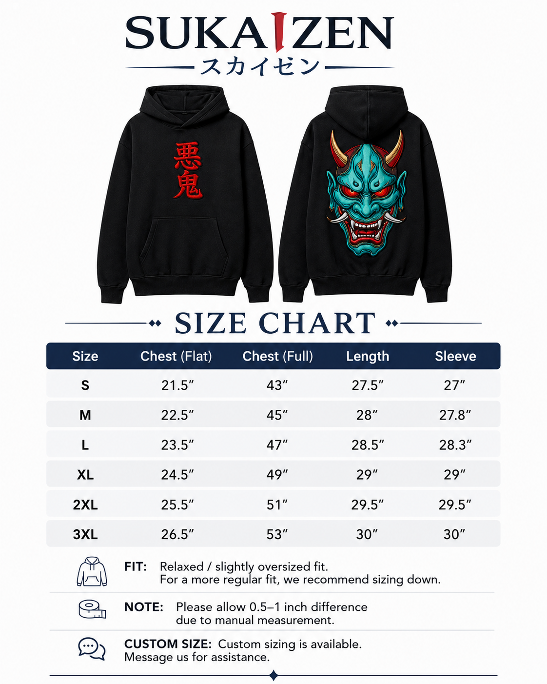 Azure Oni Kanji Hoodie by Sukaizen in black with red kanji front embroidery and large teal oni mask back design