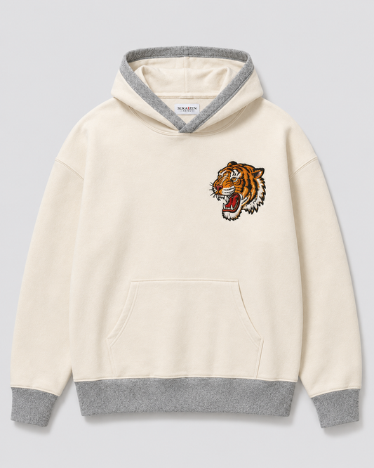 Rising Tiger Bamboo Hoodie by Sukaizen in cream with grey trim and tiger bamboo rising sun embroidery