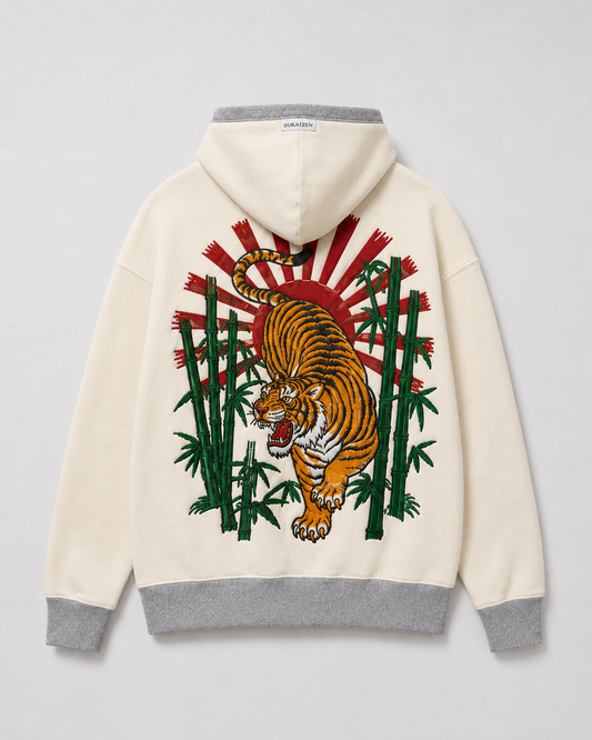 Rising Tiger Bamboo Hoodie by Sukaizen in cream with grey trim and tiger bamboo rising sun embroidery