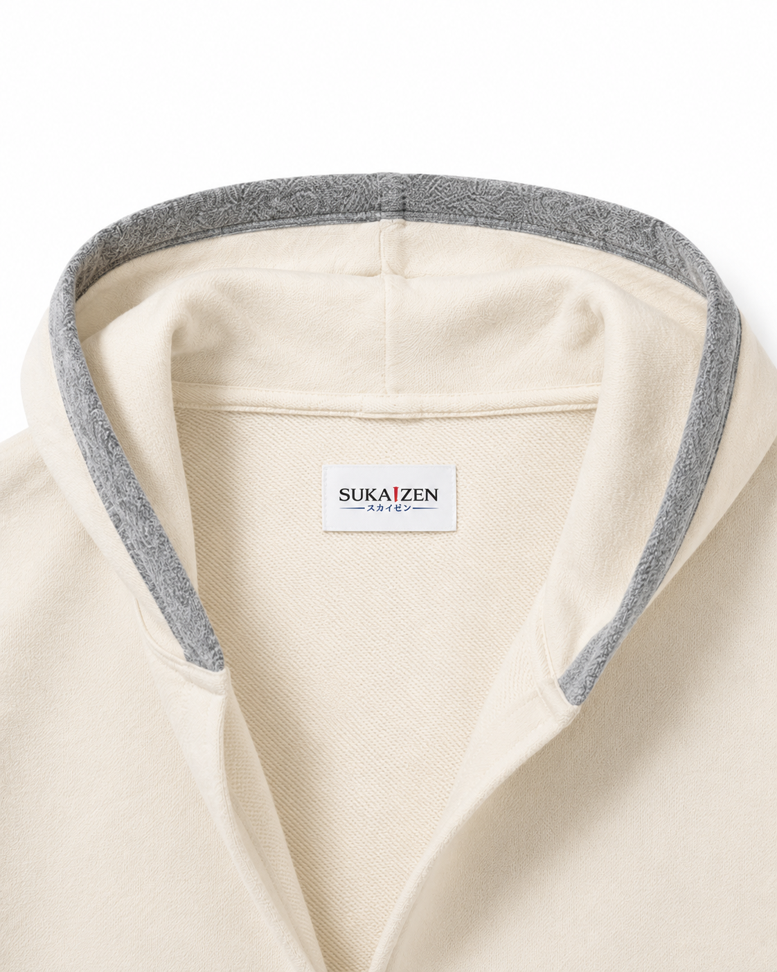 Rising Tiger Bamboo Hoodie by Sukaizen in cream with grey trim and tiger bamboo rising sun embroidery
