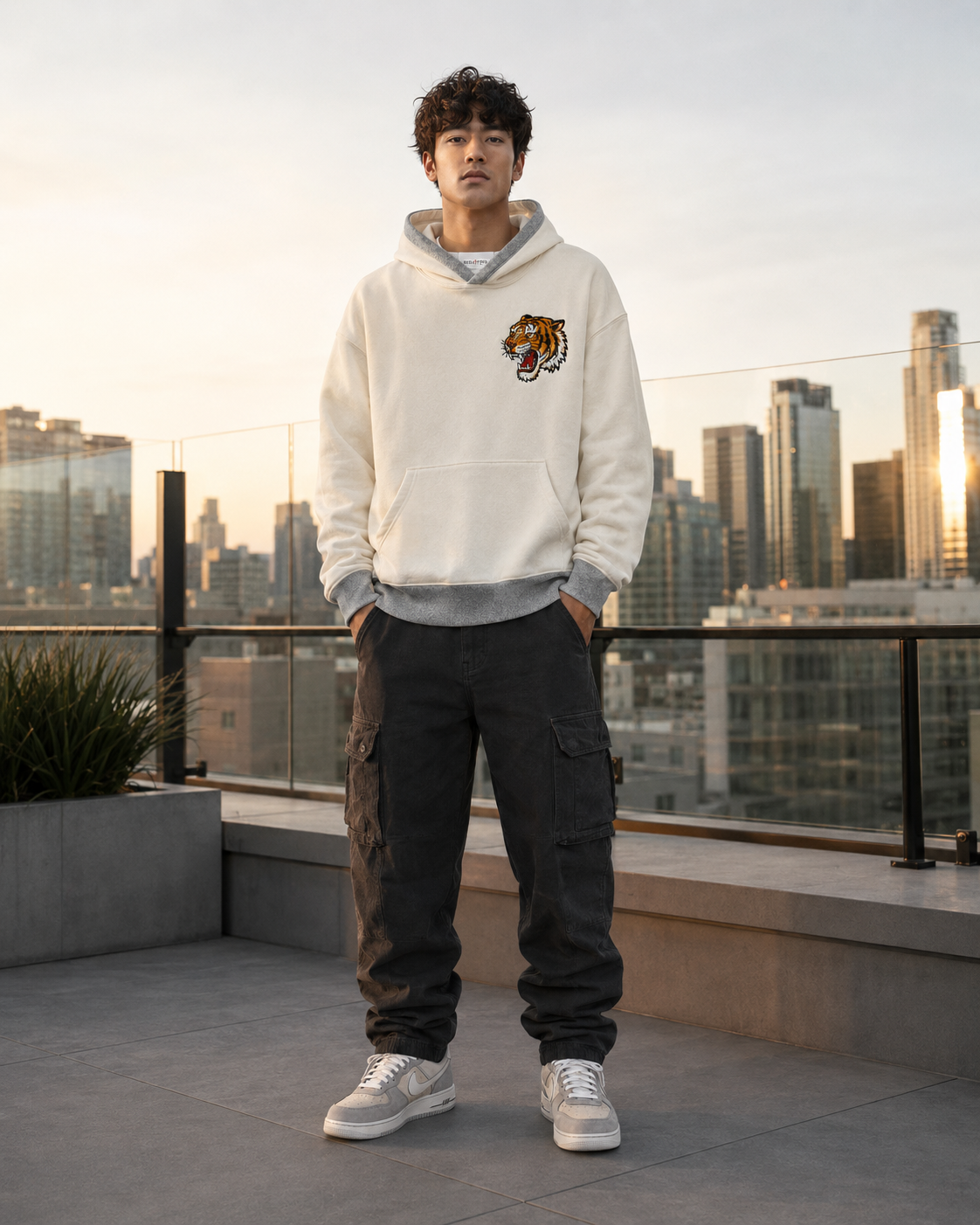 Rising Tiger Bamboo Hoodie by Sukaizen in cream with grey trim and tiger bamboo rising sun embroidery