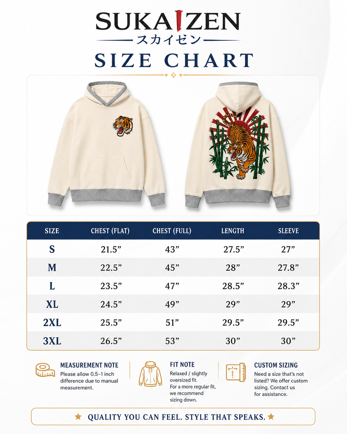 Rising Tiger Bamboo Hoodie by Sukaizen in cream with grey trim and tiger bamboo rising sun embroidery