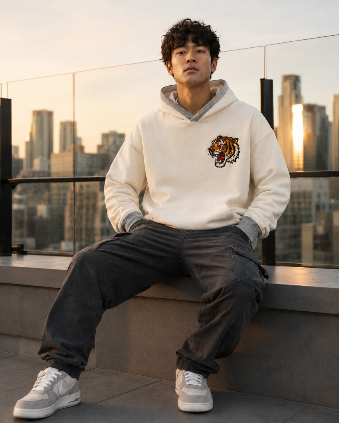 Rising Tiger Bamboo Hoodie by Sukaizen in cream with grey trim and tiger bamboo rising sun embroidery