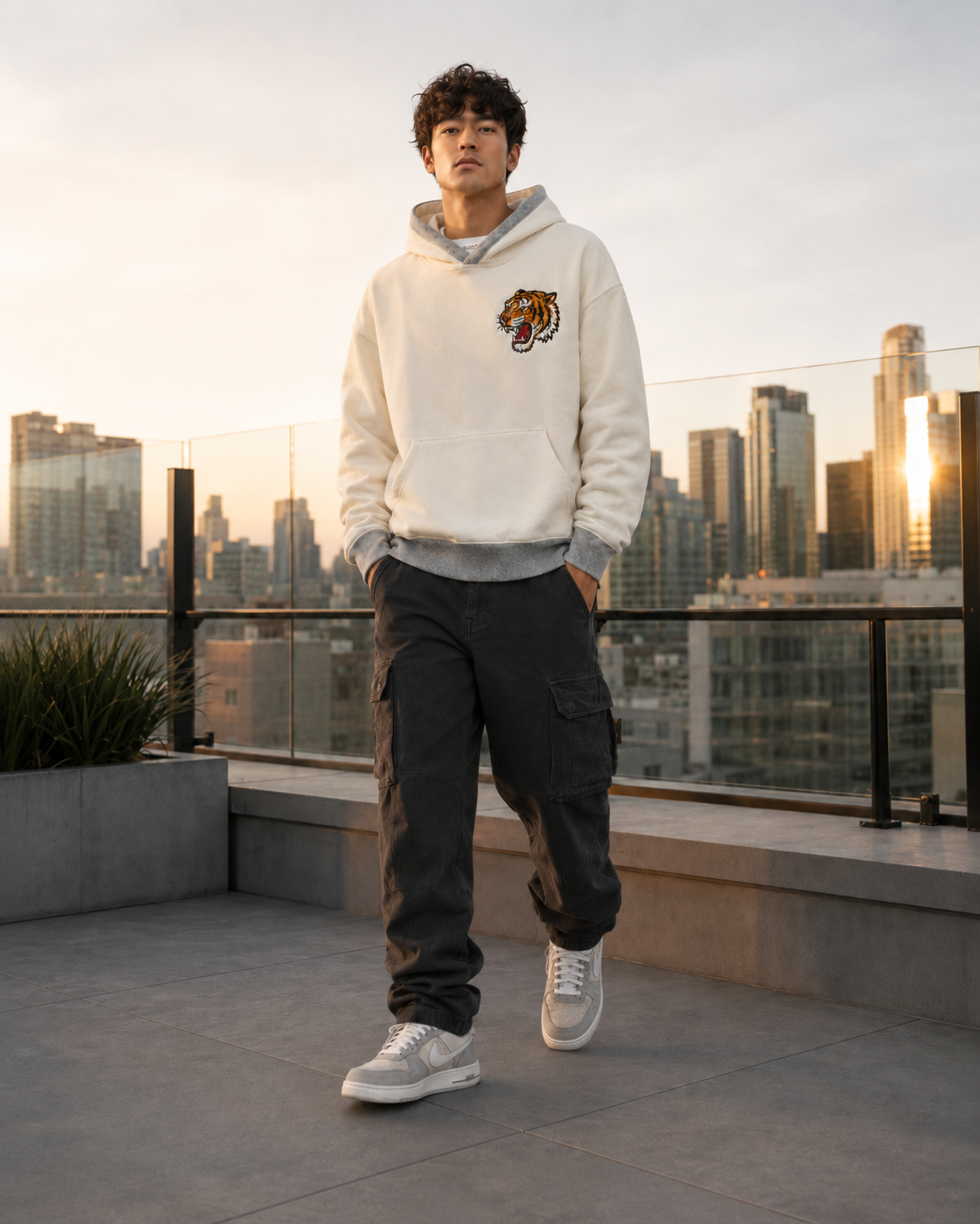 Rising Tiger Bamboo Hoodie by Sukaizen in cream with grey trim and tiger bamboo rising sun embroidery