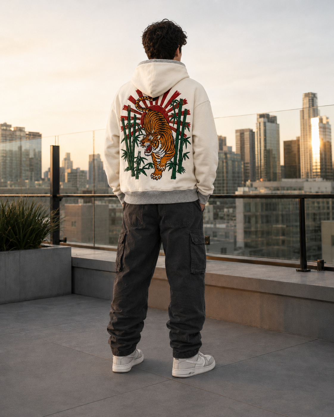 Rising Tiger Bamboo Hoodie by Sukaizen in cream with grey trim and tiger bamboo rising sun embroidery