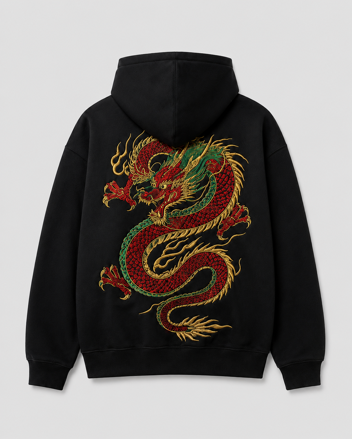 Red Dragon Fury Hoodie by Sukaizen in black with large red dragon, green scale, and gold flame back embroidery