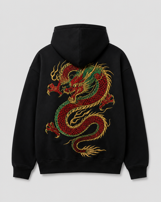 Red Dragon Fury Hoodie by Sukaizen in black with large red dragon, green scale, and gold flame back embroidery