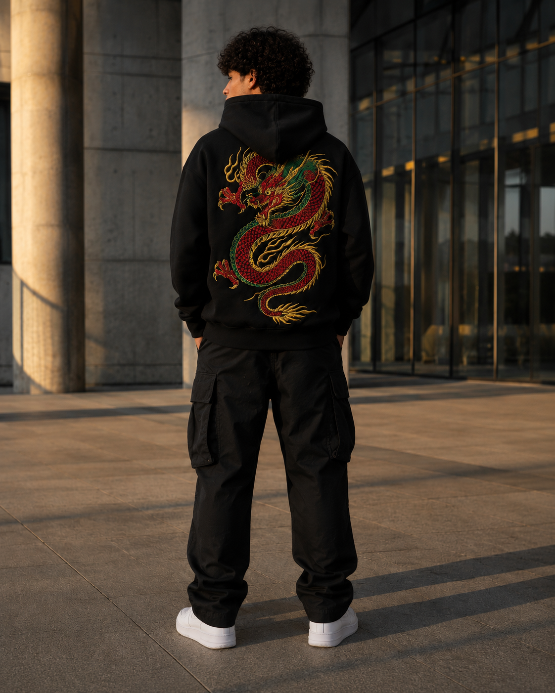 Red Dragon Fury Hoodie by Sukaizen in black with large red dragon, green scale, and gold flame back embroidery