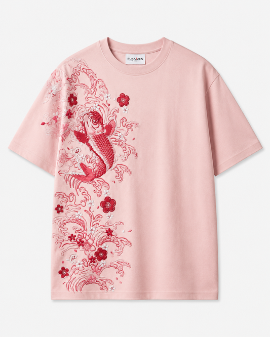 Sakura Koi Wave T-Shirt by Sukaizen in soft pink with red koi fish wave and sakura blossom embroidery